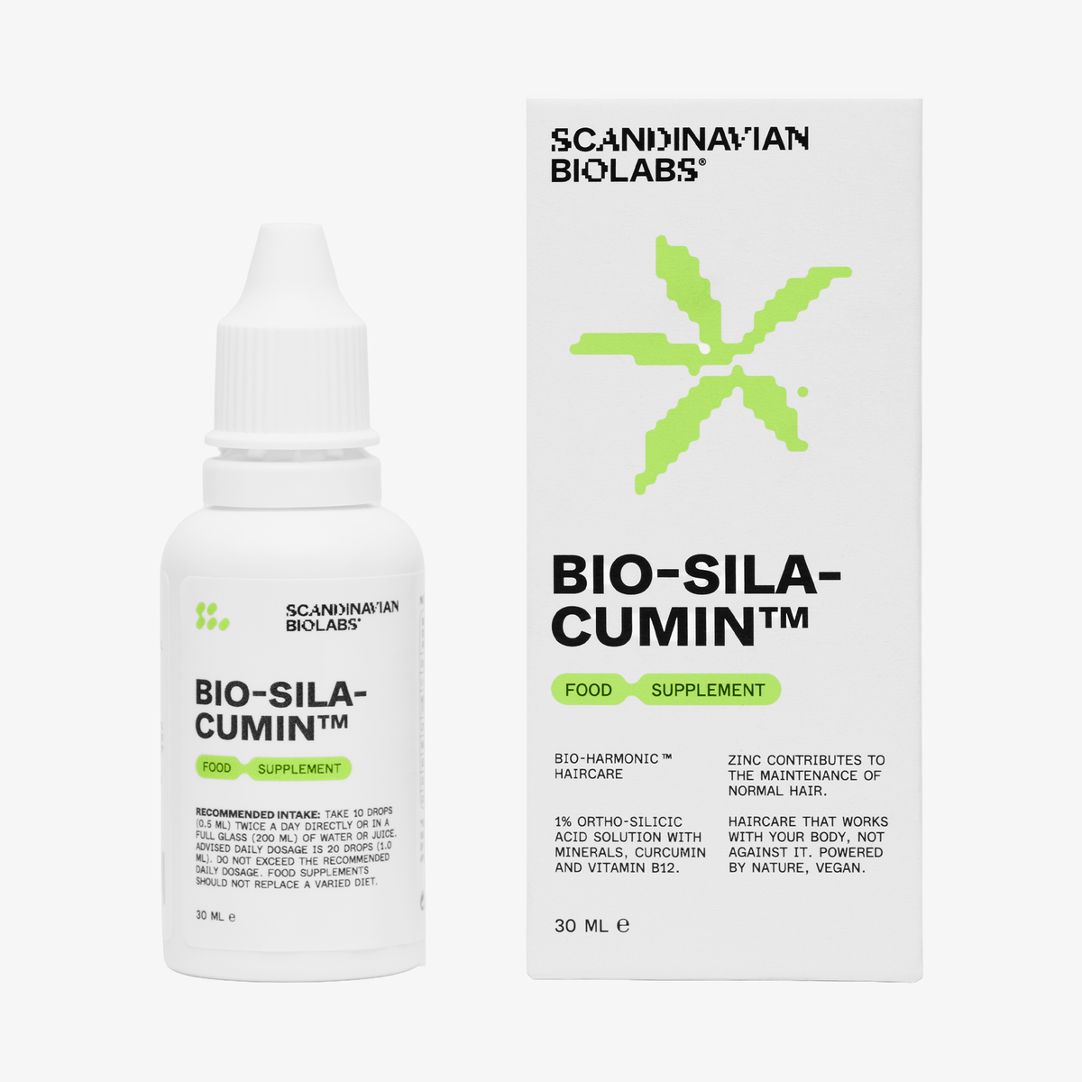 Weiße Flasche und Schachtel von Scandinavian Biolabs Bio-Silacumin Nahrungsergänzungsmittel mit grünem und schwarzem Text.