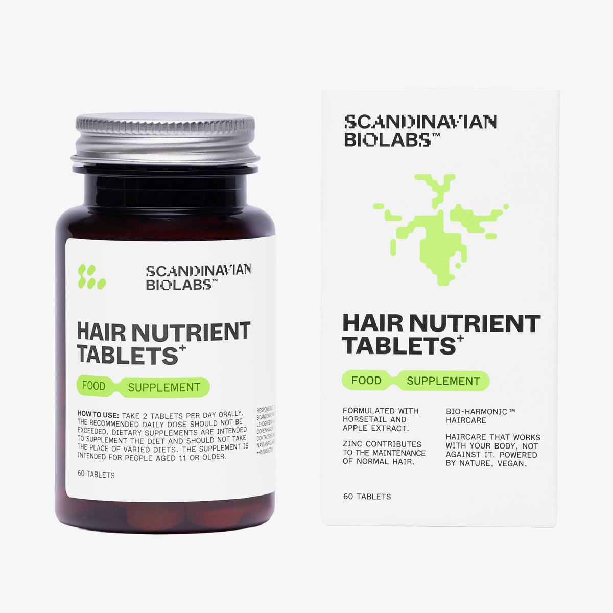 Eine Flasche und eine Schachtel Scandinavian Biolabs Hair Nutrient Tablets, 60 Tabletten pro Packung.