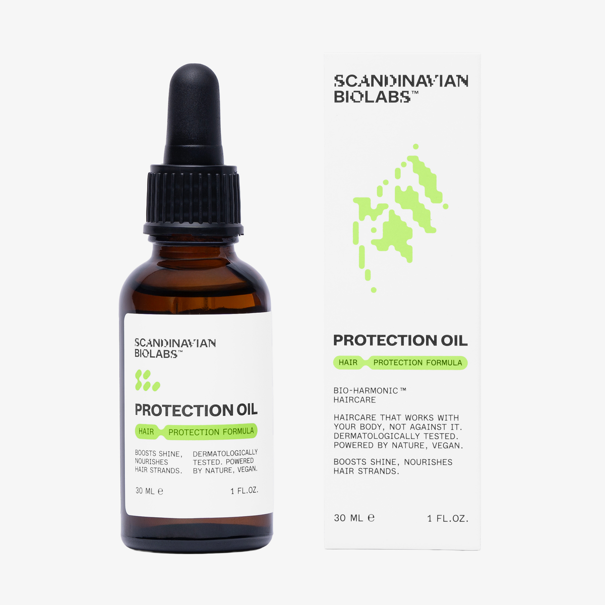 Eine Flasche und eine Schachtel Scandinavian Biolabs Hair Protection Oil mit grüner Schrift und einem Tropfverschluss.