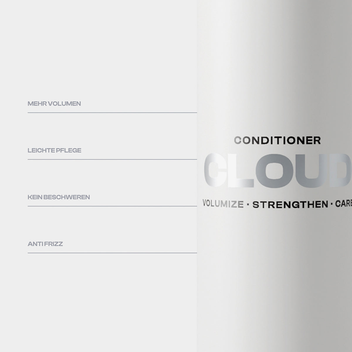 SHYNE Cloud Conditioner Infografik: Volumen, leichte Pflege, ohne Rückstände, Anti-Frizz.