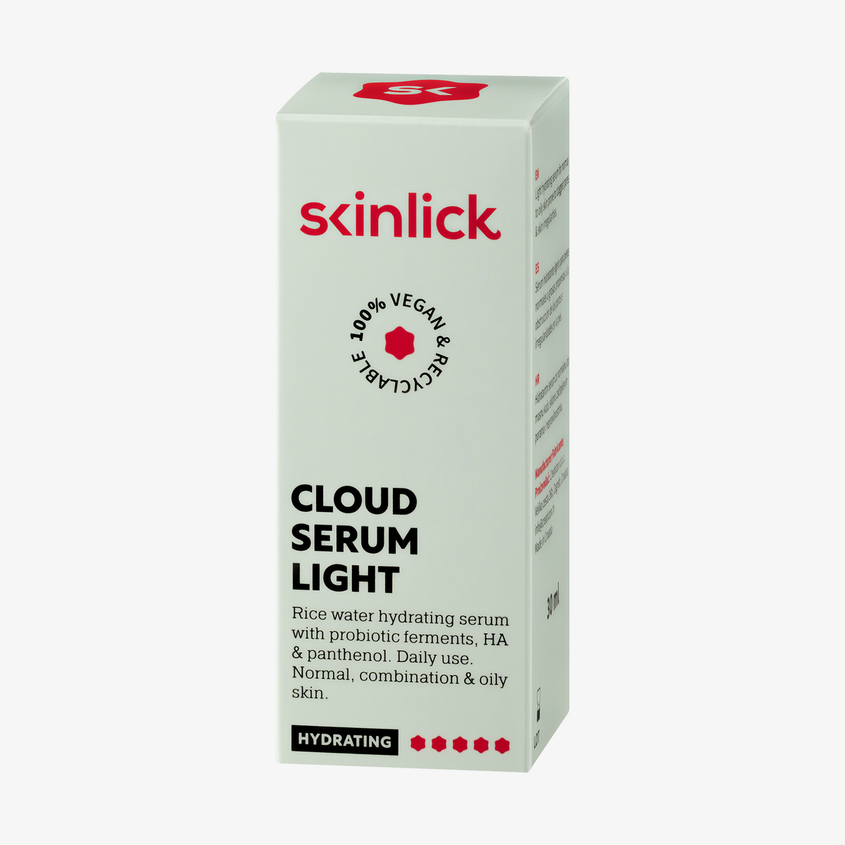 Auf weißem Hintergrund ist eine grünliche Pappcerpackung der Cloud Serum Light von sklinlick abgebildet.