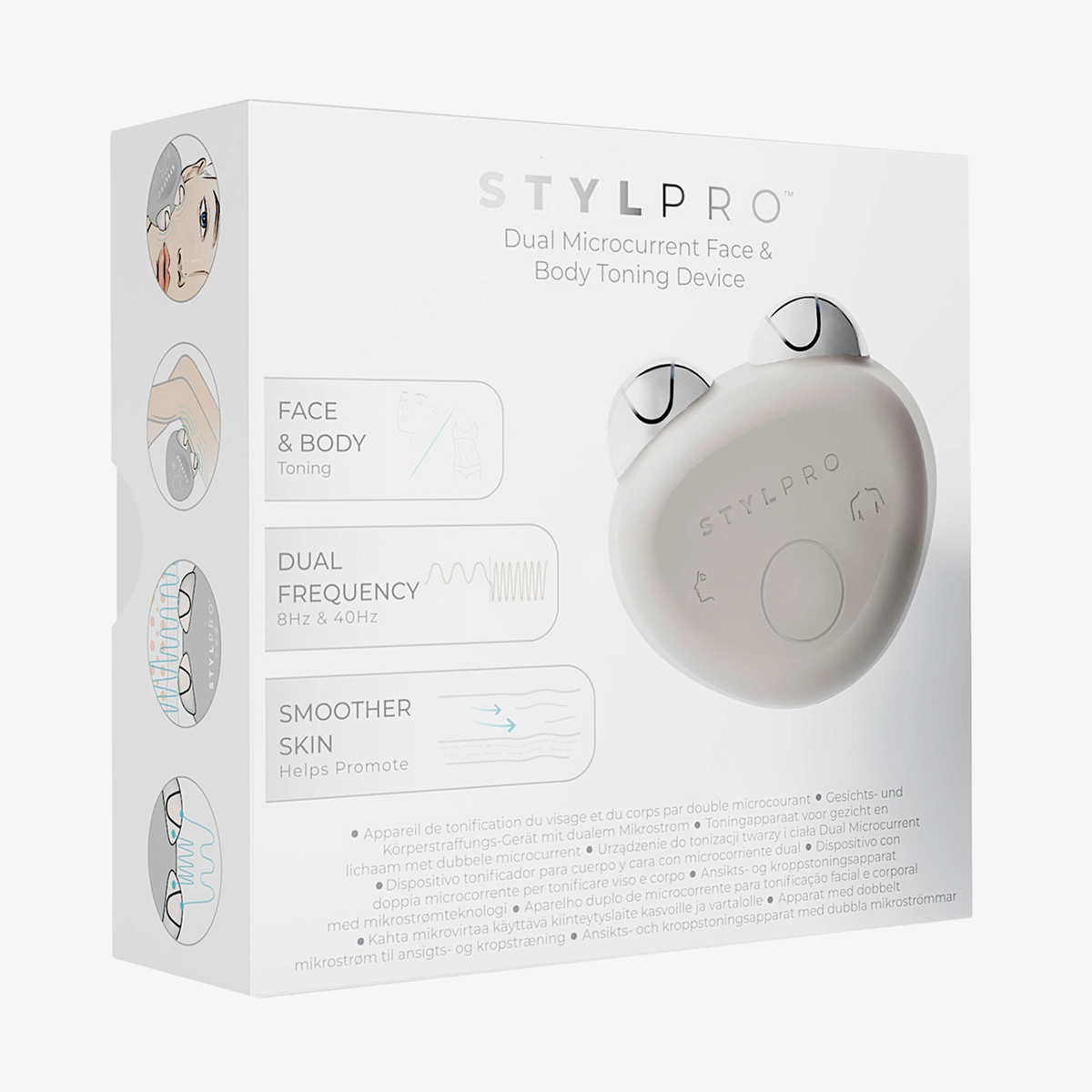 STYLPRO Dual Microcurrent Face & Body Toning Device in weißer Box mit Produktabbildung und den wichtigsten Funktionen.