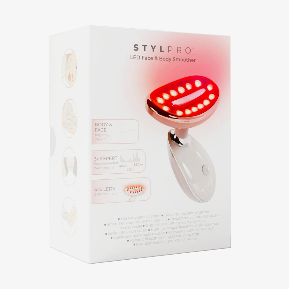 Die Verpackung des STYLPRO LED Face & Body Smoother zeigt das Bild des Geräts und rote LED-Lichter auf einer weißen Verpackung.