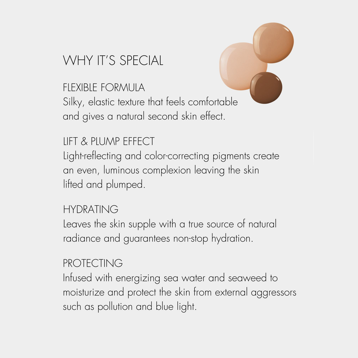 Entdecken Sie die SWEED Glass Skin Foundation, deren besondere Eigenschaften durch drei beigefarbene Farbmuster in der oberen rechten Ecke verdeutlicht werden.