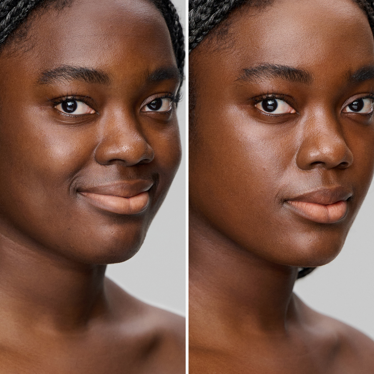 Nebeneinander angeordnete Nahaufnahmen einer Frau mit dunklen Zöpfen und glatter Haut, die das makellose Finish von SWEED Miracle Powder zeigen.