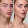 Nebeneinander-Vergleich des Gesichts einer Frau: links „vorher“ mit Rötungen, rechts „nachher“ mit glatter Haut dank SWEED Miracle Powder Mini.