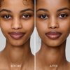 Nebeneinander angeordnete Nahaufnahmen des Gesichts einer Frau, die mit „vor“ und „nach“ der Anwendung von SWEED Miracle Powder Mini beschriftet sind, zeigen subtile Veränderungen im Make-up oder in der Hautstruktur.