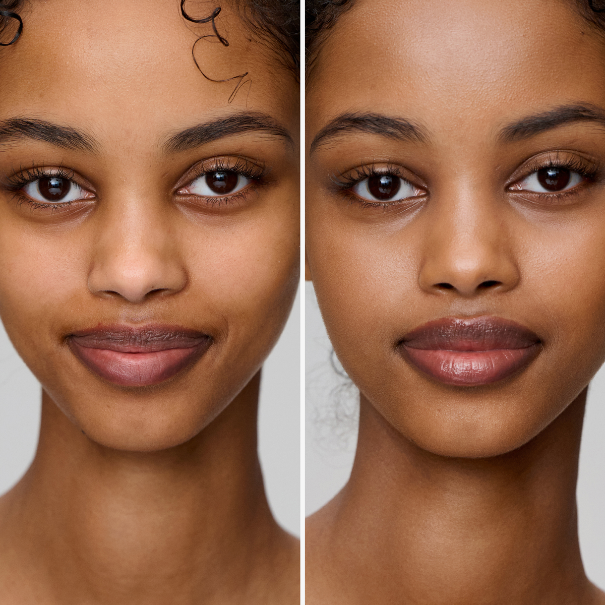 Im Vergleich: links eine Frau mit strahlender Haut und natürlichem Make-up; rechts glänzende Lippen und ein strahlender Teint dank SWEED Miracle Powder.