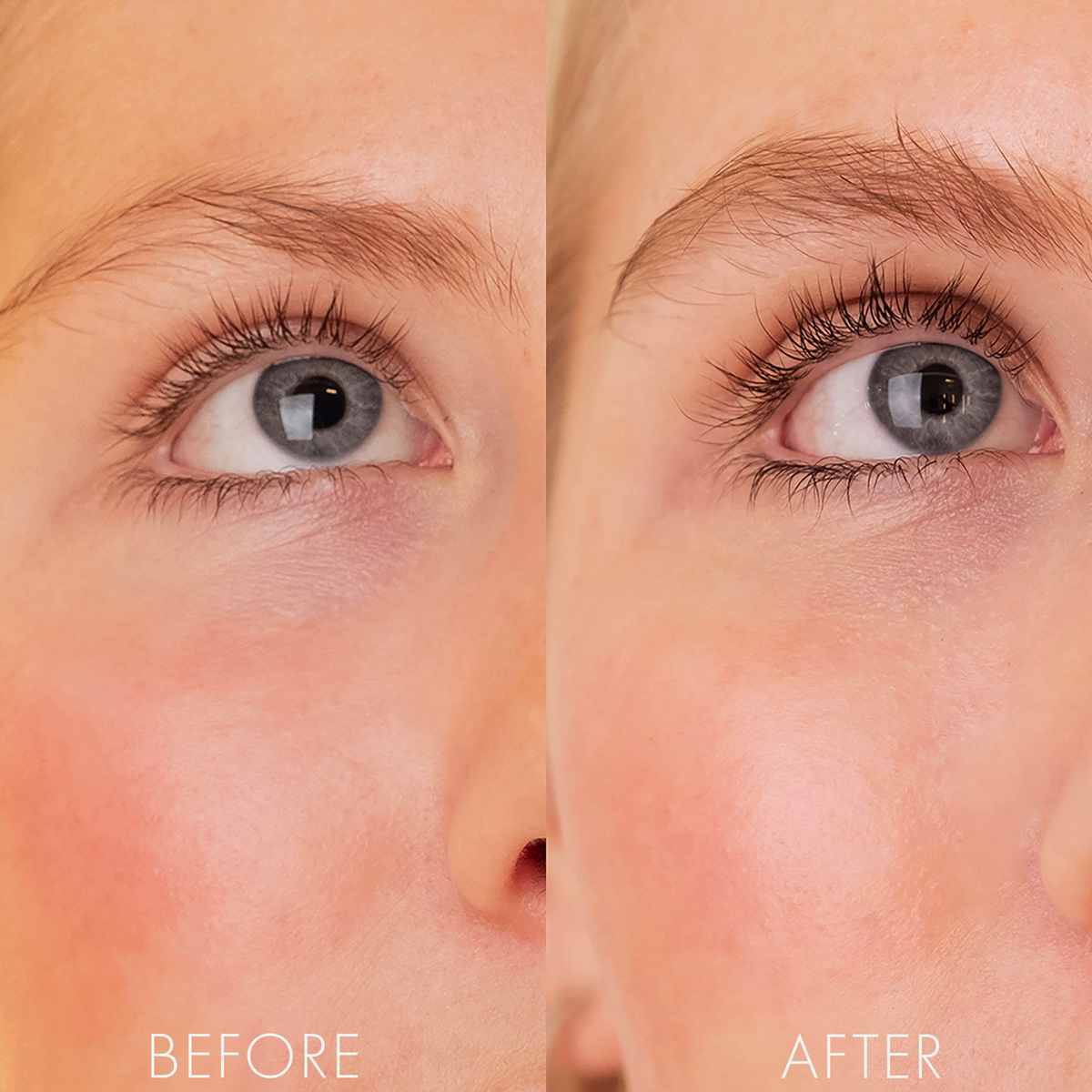 Vorher-Nachher-Nahaufnahme des Auges einer Frau, die vollere Wimpern und Augenbrauen dank SWEED The Brow Serum zeigt.