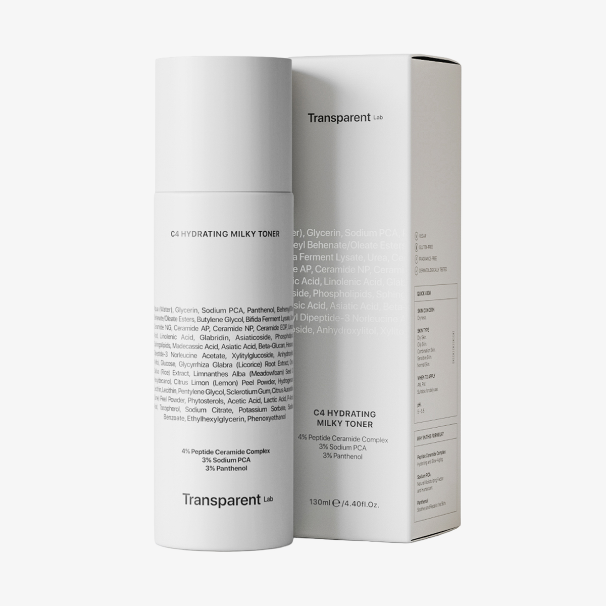 Transparentes Lab C4 Hydrating Milky Toner in einer weißen Flasche mit dazugehöriger Schachtel, beide mit schwarzem Text.