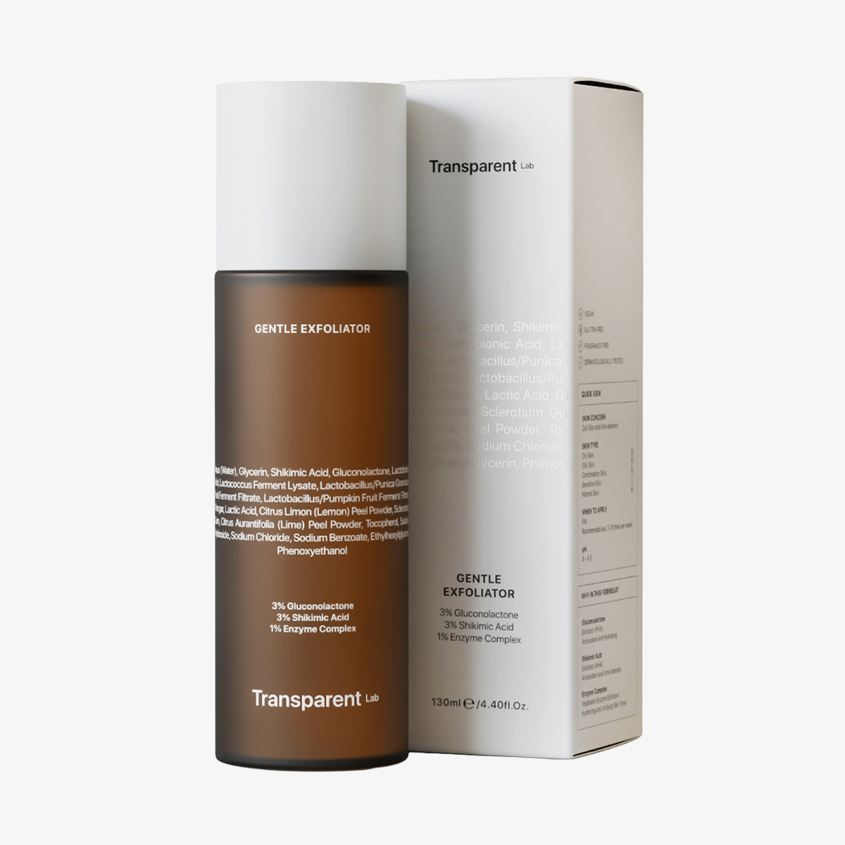 Eine braune Flasche Gentle Exfoliator von Transparent Lab steht neben ihrer weißen Verpackung.