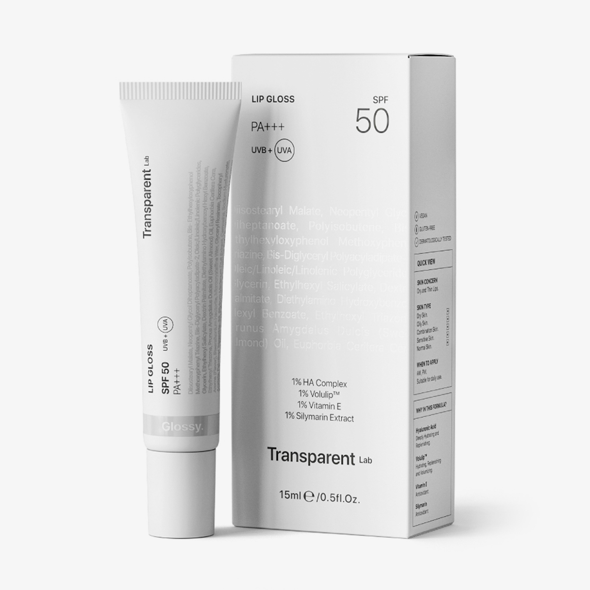 Eine Lipgloss-Tube SPF50 und ihre Schachtel mit der Aufschrift „Transparent Lab SPF 50 PA+++ UVB + UVA“ und Produktdetails.
