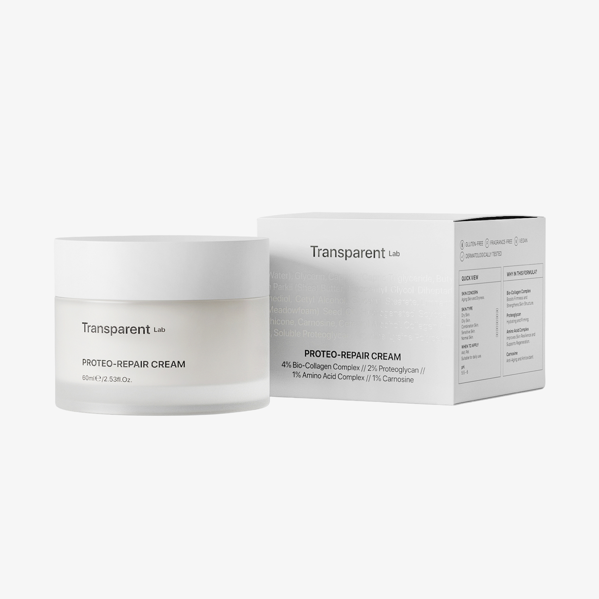 Ein Tiegel und eine Schachtel Transparent Lab Proteo-Repair Cream mit minimalistischer weißer Verpackung, dargestellt auf weißem Hintergrund.