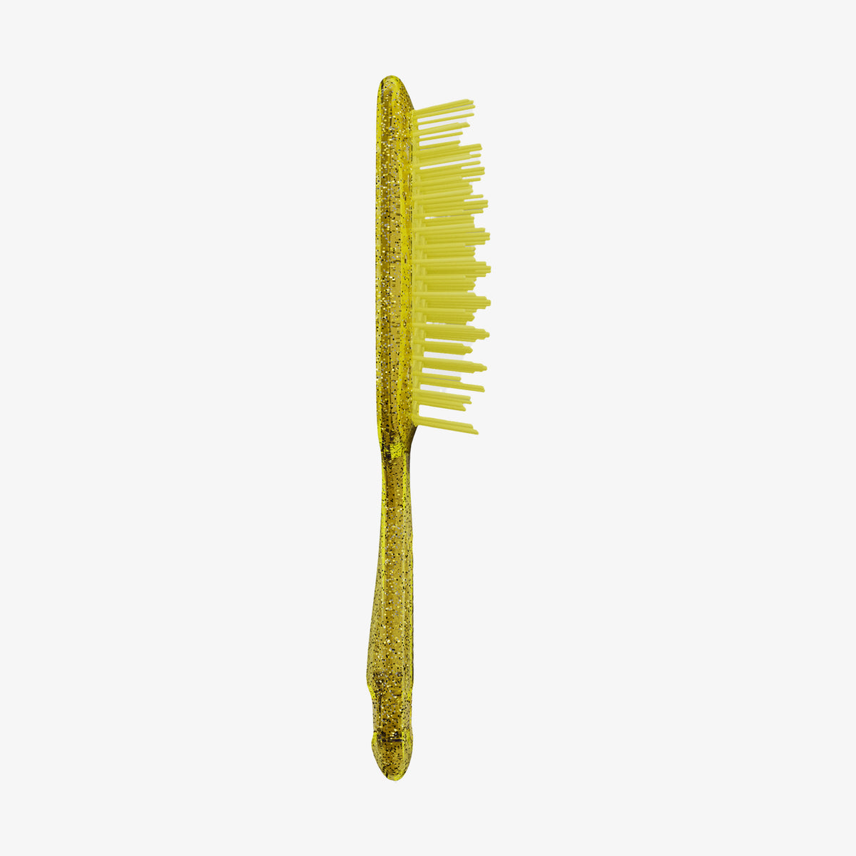 Die UNbrush Detangling Hair Brush hat ein gelbes Design mit einem länglichen Griff und weit auseinander stehenden Borsten auf weißem Hintergrund.