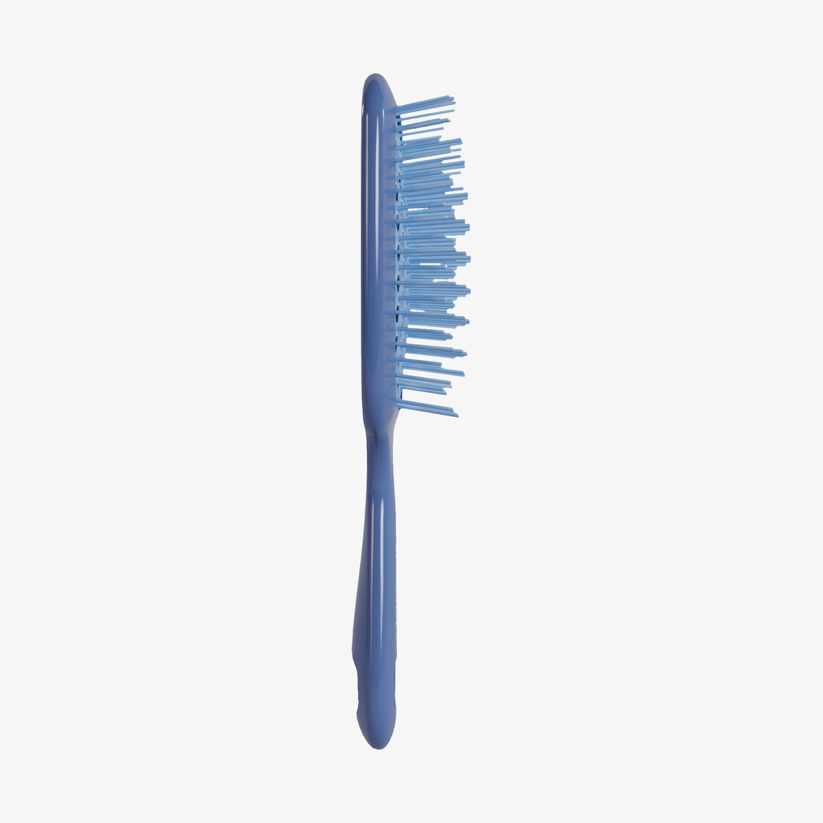 Die UNbrush Detangling Hair Brush ist aus blauem Kunststoff mit abgesetzten Borsten, die auf weißem Hintergrund abgebildet sind.