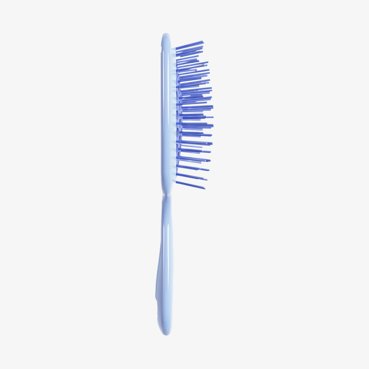 Die UNbrush Detangling Hair Brush Mini ist aus blauem Kunststoff mit breiten Borsten, die von der Seite auf einem weißen Hintergrund abgebildet sind.