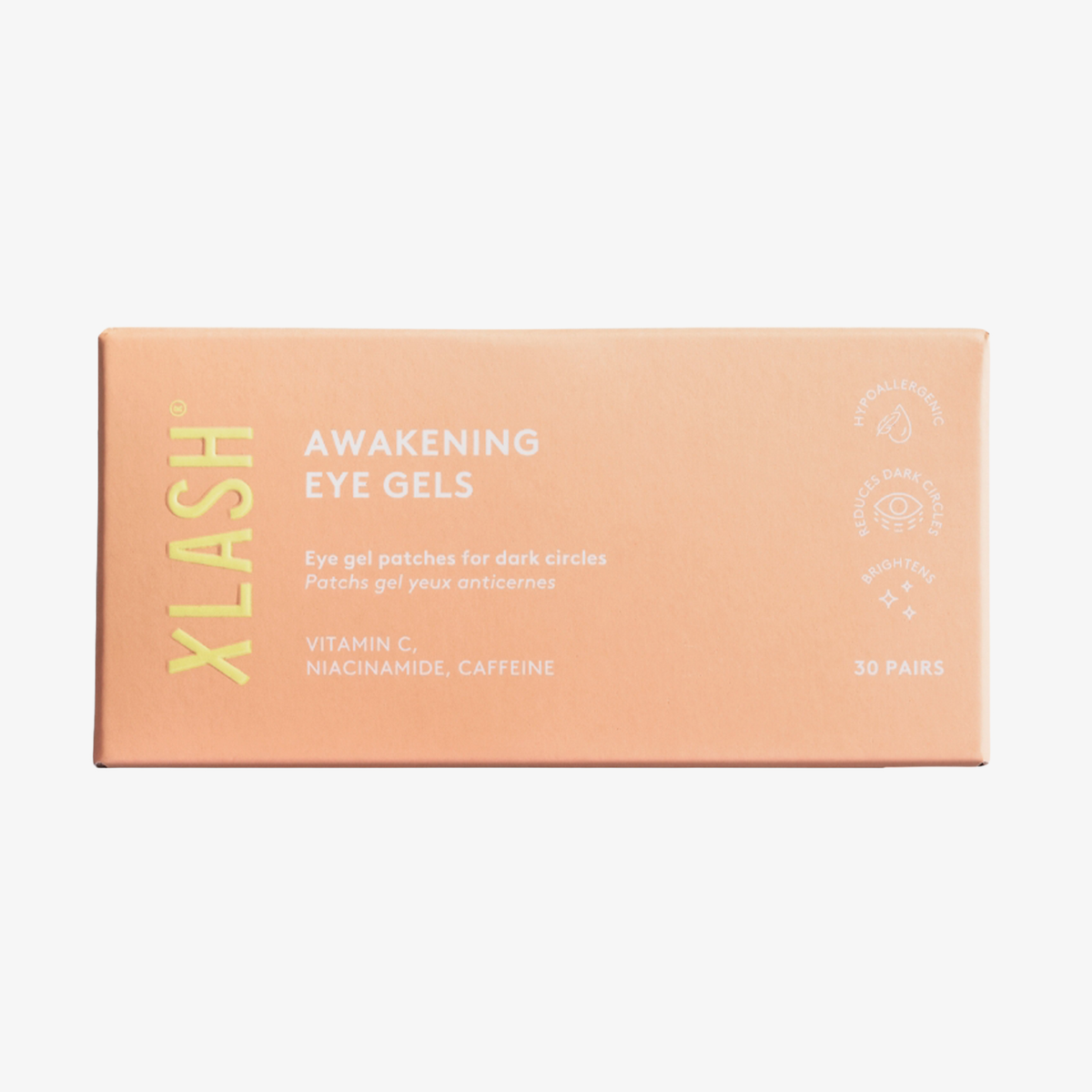 XLASH Awakening Eye Gels-Verpackung in Pfirsichfarbe mit Produktangaben und Inhaltsstoffen auf der Vorderseite.