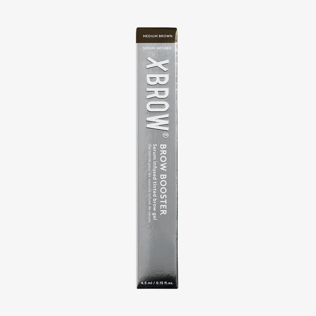 Rechteckige Verpackung des getönten Augenbrauengel-Serums XLASH Brow Booster in Mittelbraun.