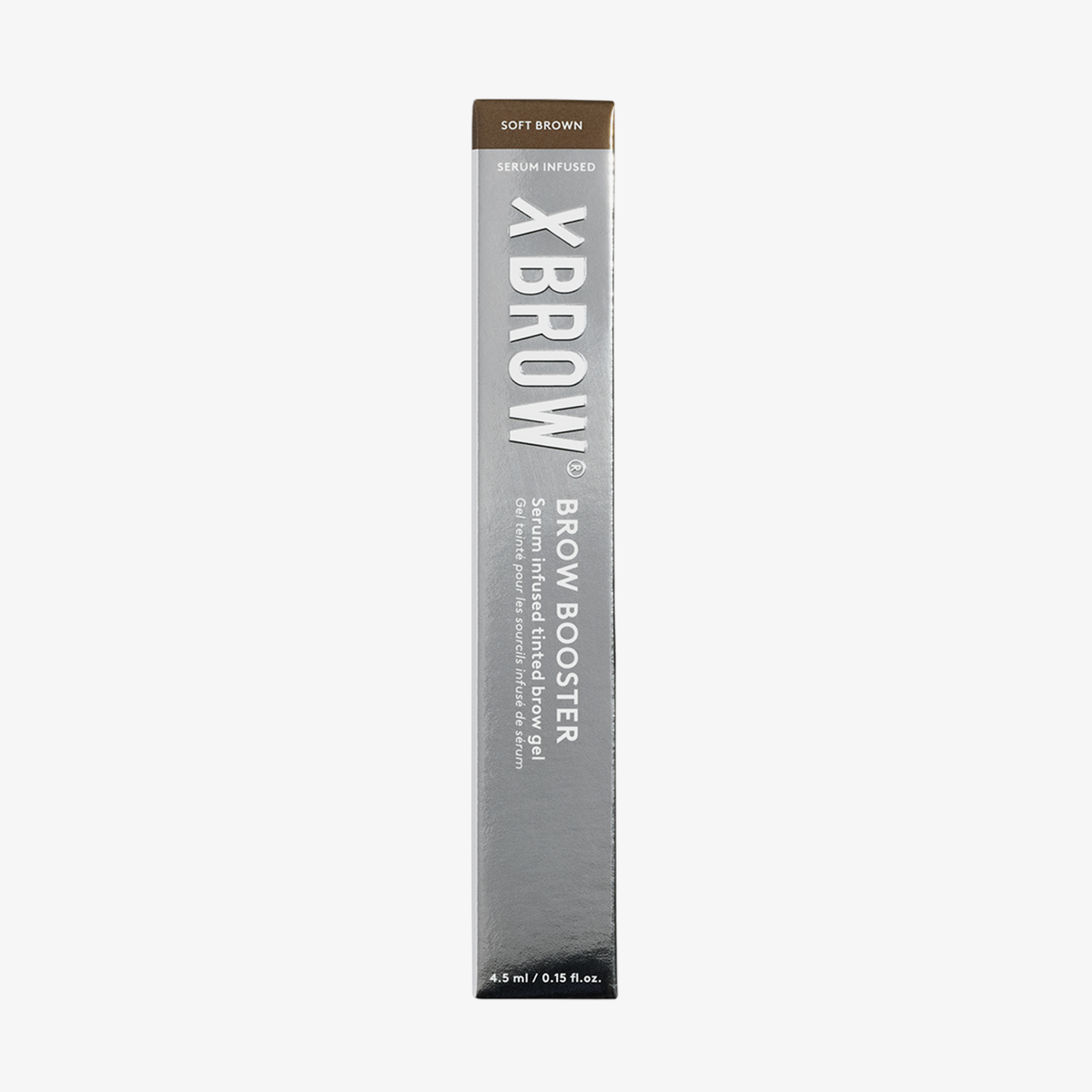 XLASH Brow Booster in einer silbernen ox mit getöntem Augenbrauengel in Soft Brown.