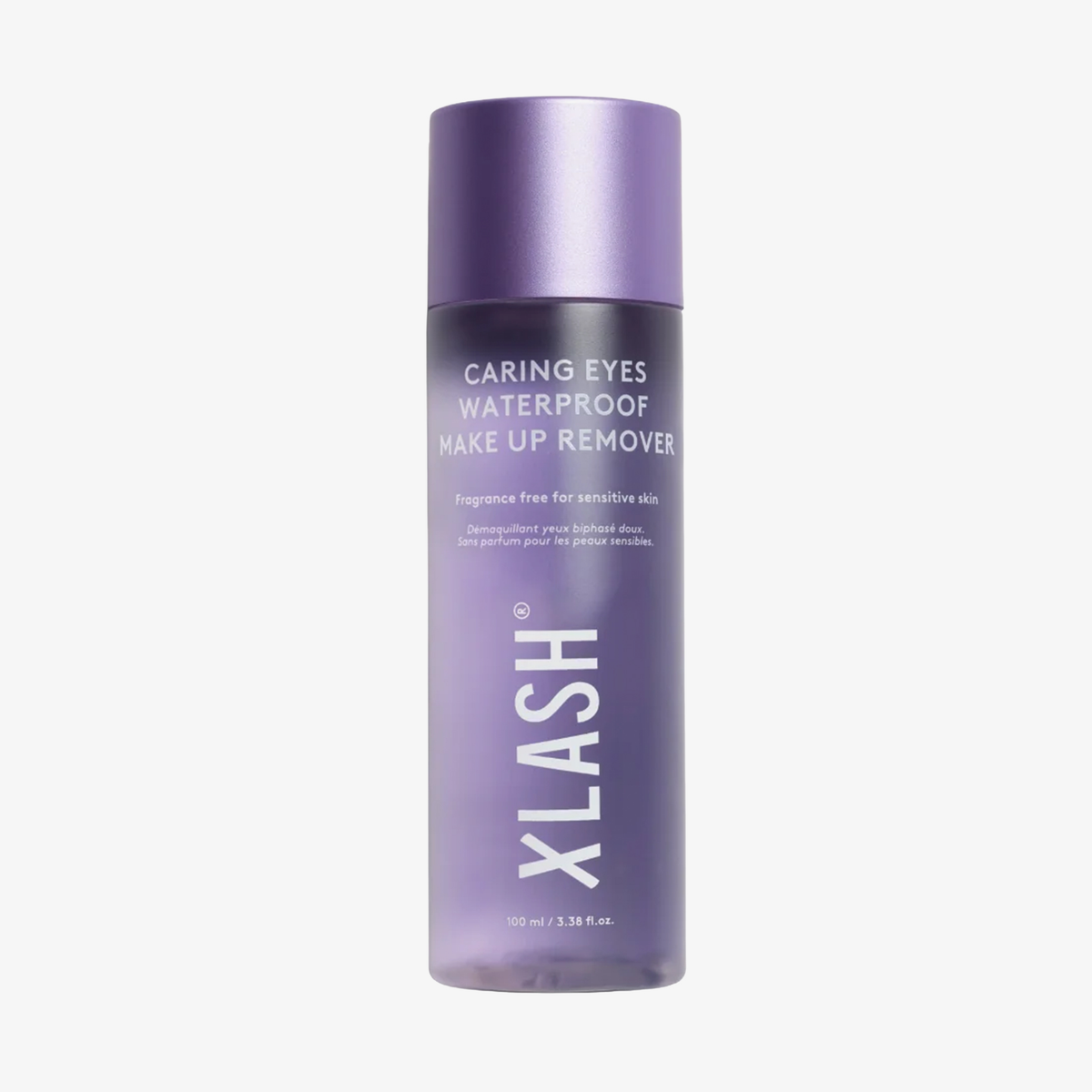 Ein 100 ml großer, violetter XLASH Caring Eyes wasserfester Make-up-Entferner, speziell für empfindliche Haut entwickelt.