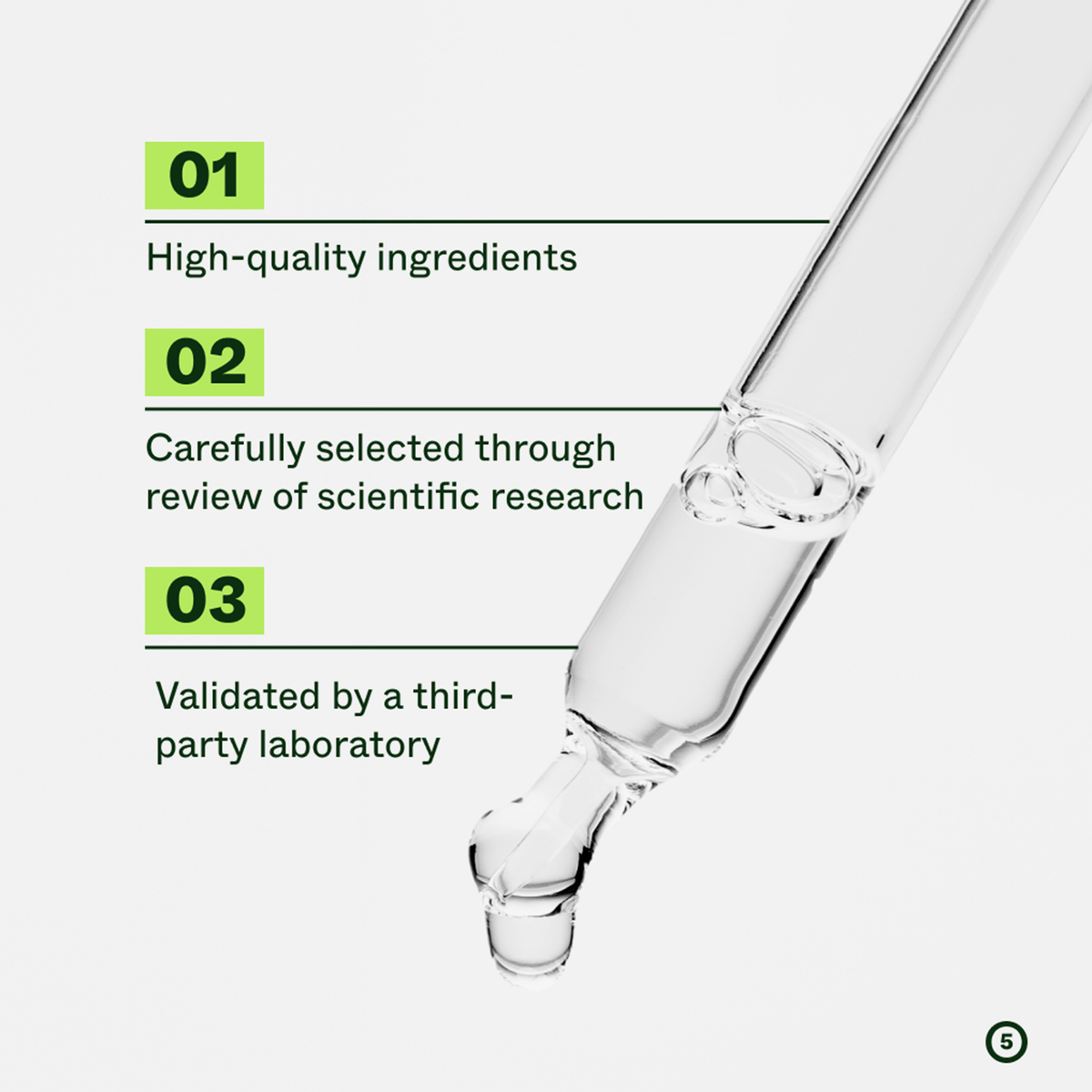 Pipette des Bio Plixin Serum von Scandinavian Biolabs und drei Vorteile: hochwertige, sorgfältig ausgewählte und von Dritten validierte Inhaltsstoffe.