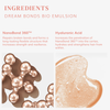 Zwei Abbildungen: metallische Molekülkugeln und ein pfirsichfarbener Gel-Fleck, mit Text zu „Dream Bonds Bio Emulsion“ von Abyssian und Hyaluronsäure.