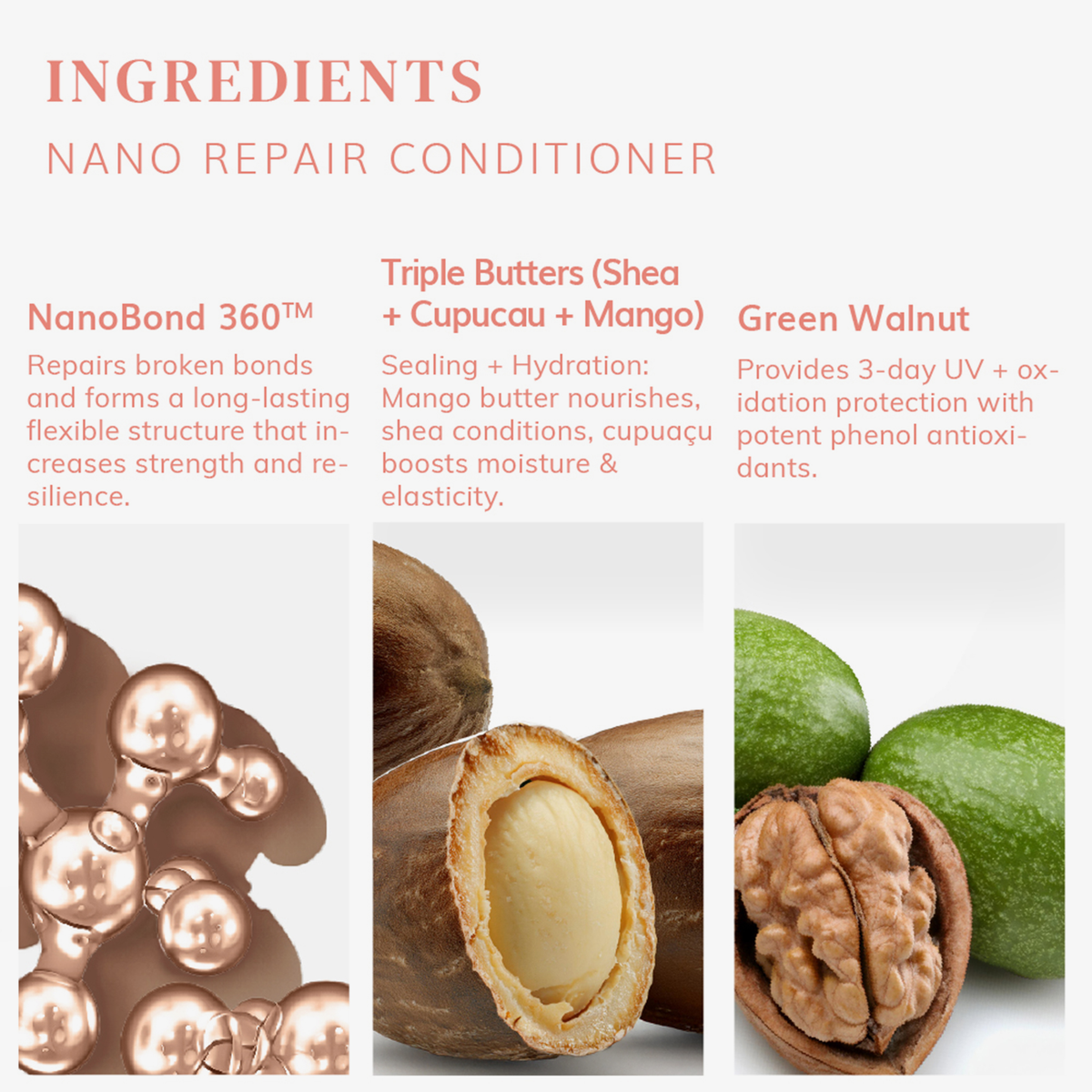 Der „Nano Repair Conditioner“ von Abyssian enthält Kupferkügelchen, Sheabutter mit Cupuacu und Mango sowie grüne Walnuss – jede dieser Zutaten hat einzigartige positive Wirkungen auf das Haar.