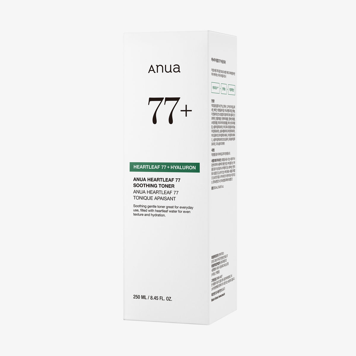 Eine weiße Schachtel Heartleaf 77 % Soothing Toner, 250 ml, mit grünem und schwarzem Text.