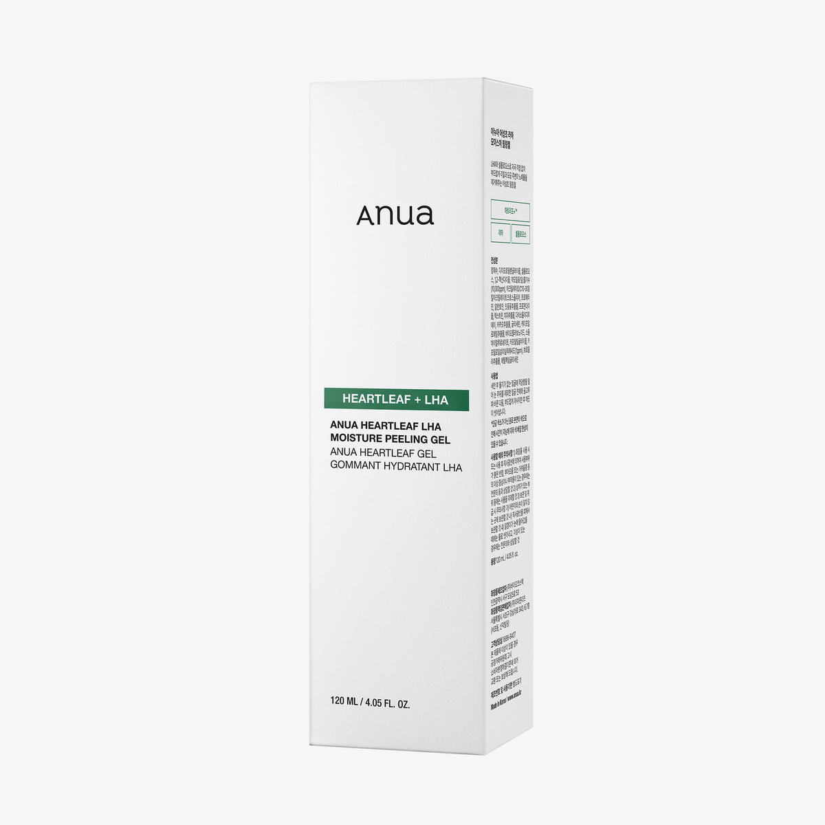 Weiße Schachtel Heartleaf LHA Moisture Peeling Gel, 120 ml, mit Produktdetails an der Seite.