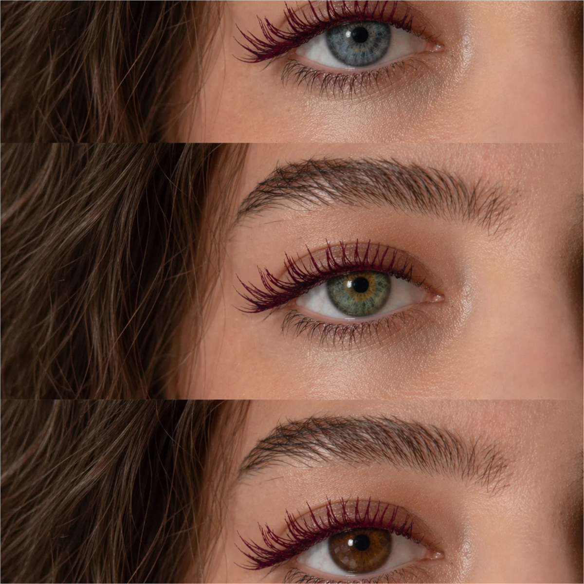 Drei Augen mit langen, geschwungenen Wimpern, geschminkt mit der violetten „4 IN 1 CLICK & TURN MASCARA“ von BLONDESISTER, die einzigartige Augenfarben zur Geltung bringen.