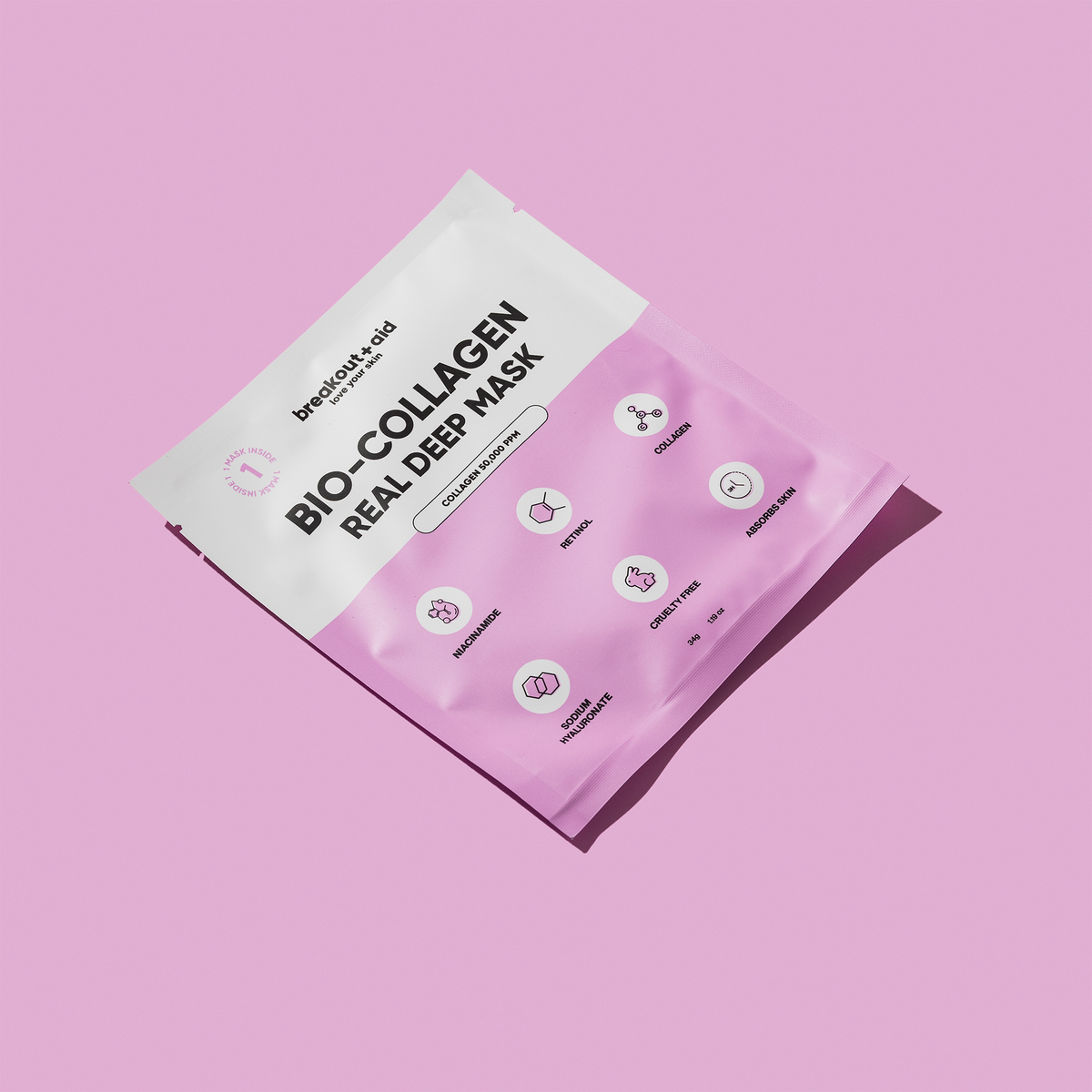 Eine quadratische Packung der Bio-Collagen Deep Mask von breakout+aid mit Symbolen und Texten, die die Inhaltsstoffe und Vorteile des Produkts beschreiben.