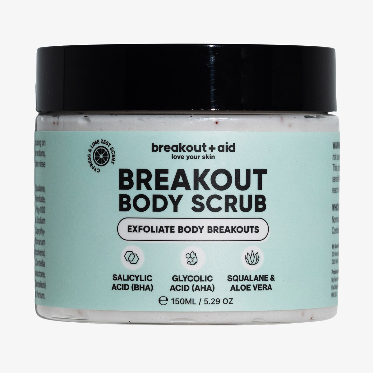 Ein Tiegel breakout+aid Breakout Body Scrub mit einem Etikett, auf dem Salicylsäure, Glykolsäure, Squalan und Aloe Vera hervorgehoben sind.