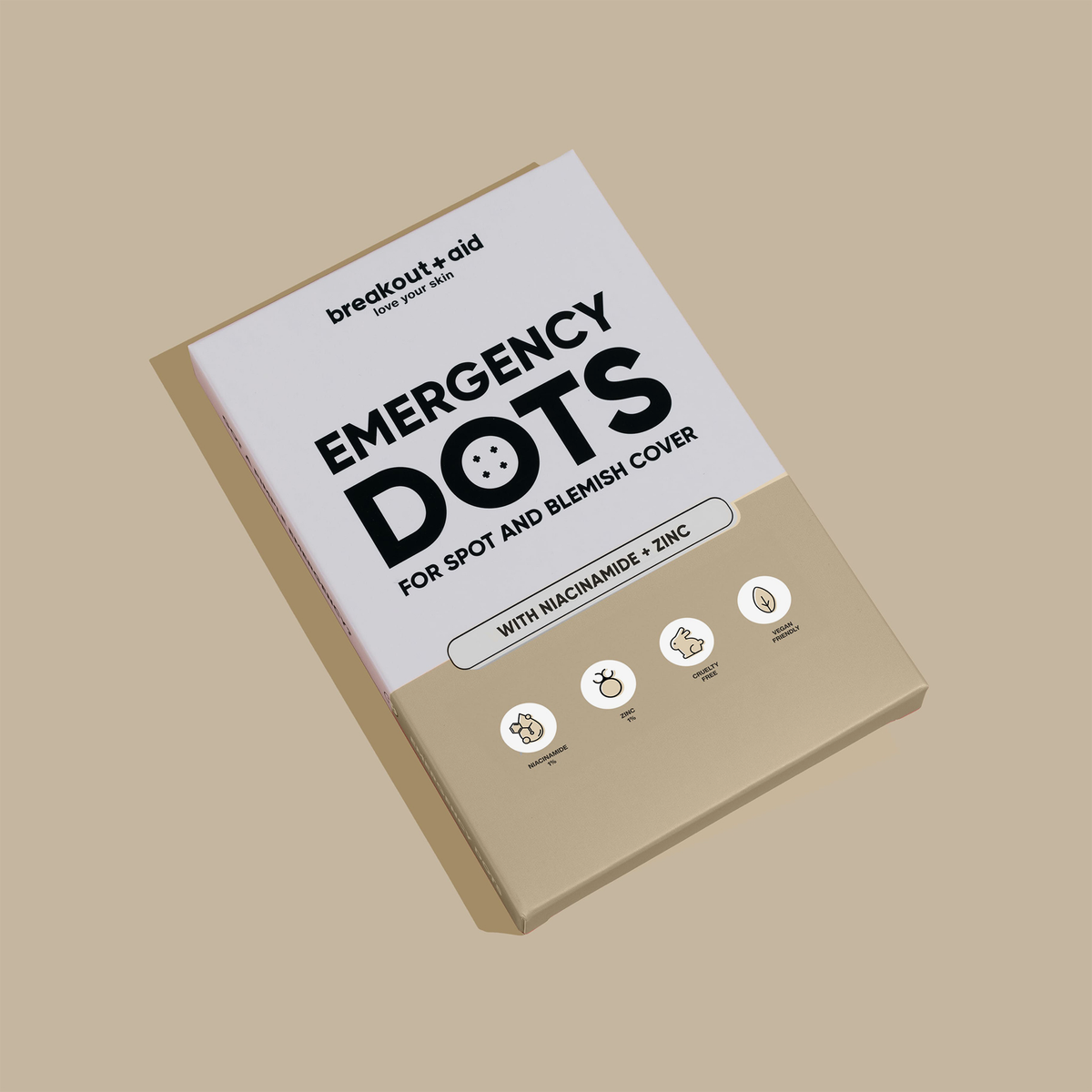Rechteckige Schachtel mit Dots for Spots-Akne-Pflastern mit Niacinamid und Zink, auf der Emergency Dots steht.