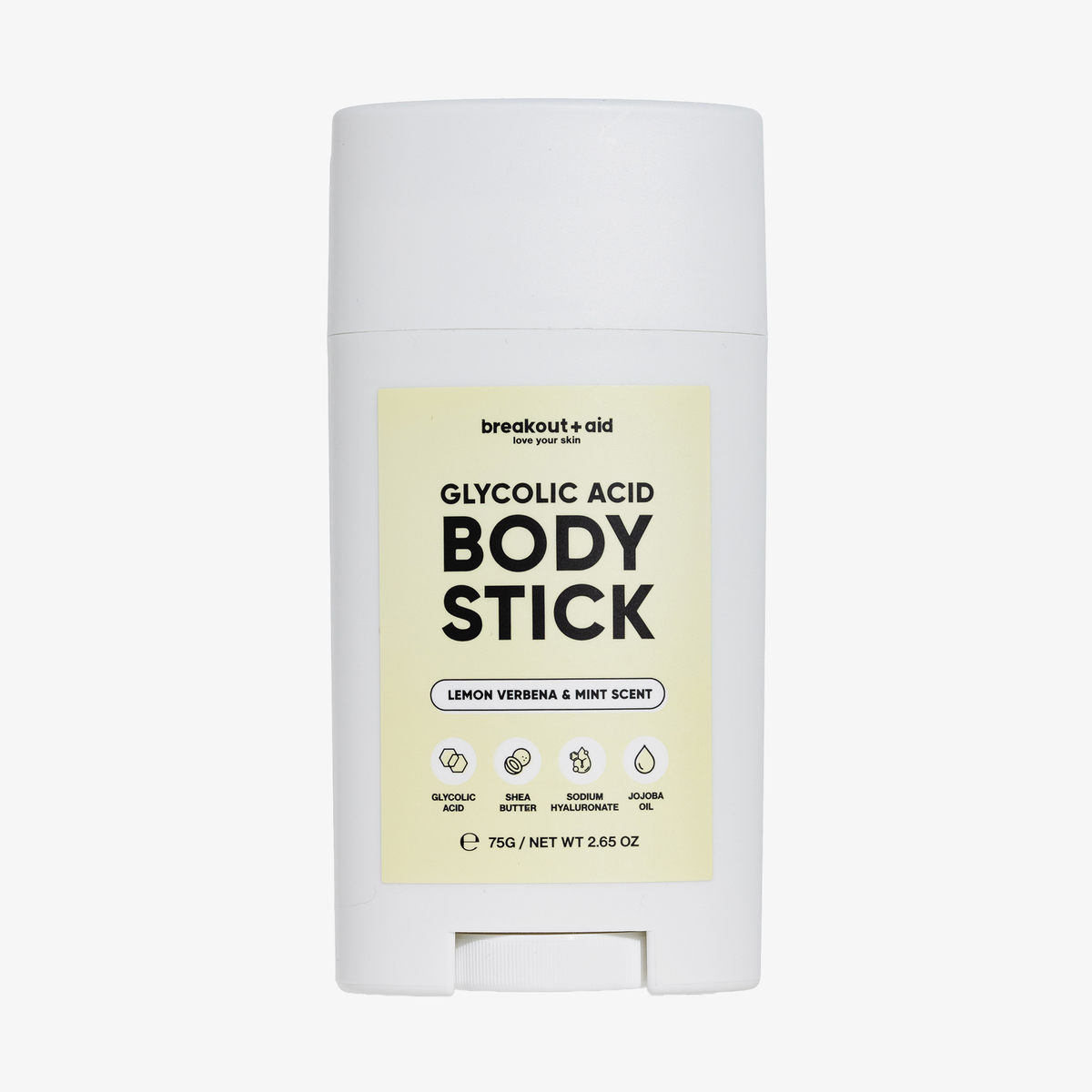 Weißer Behälter im Deodorant-Stil für einen Breakout+Aid-Körper-Stick mit Glykolsäure.