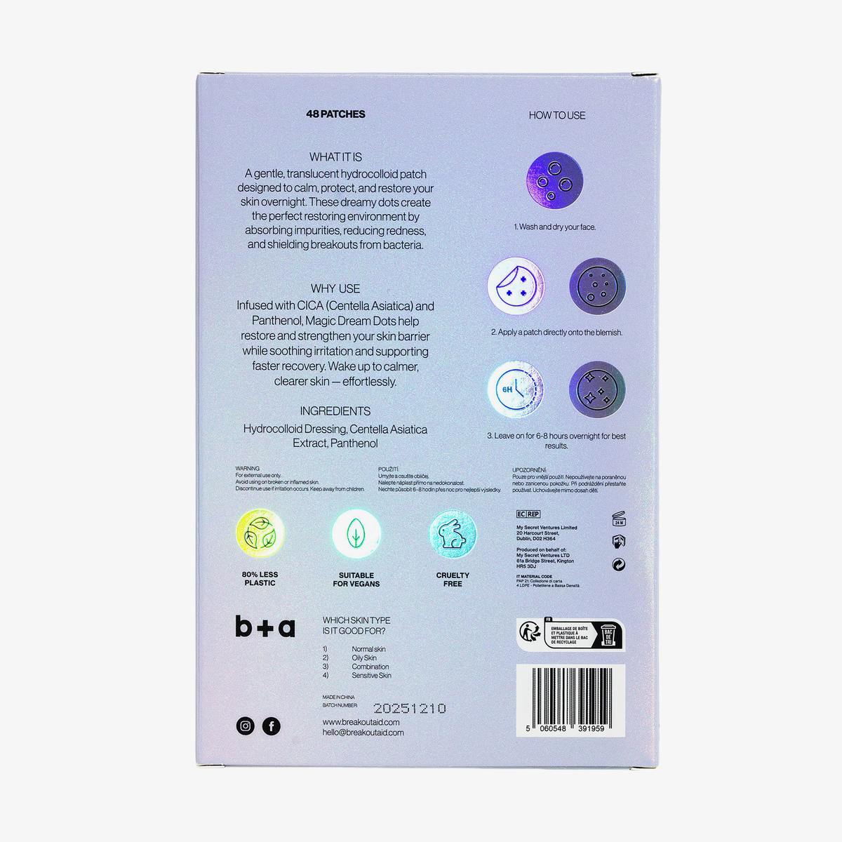 Rückseite der Produktverpackung von Magic Dream Dots mit Anweisungen zur Anwendung der Pflaster, Inhaltsstoffen und Symbolen zur Verwendung.