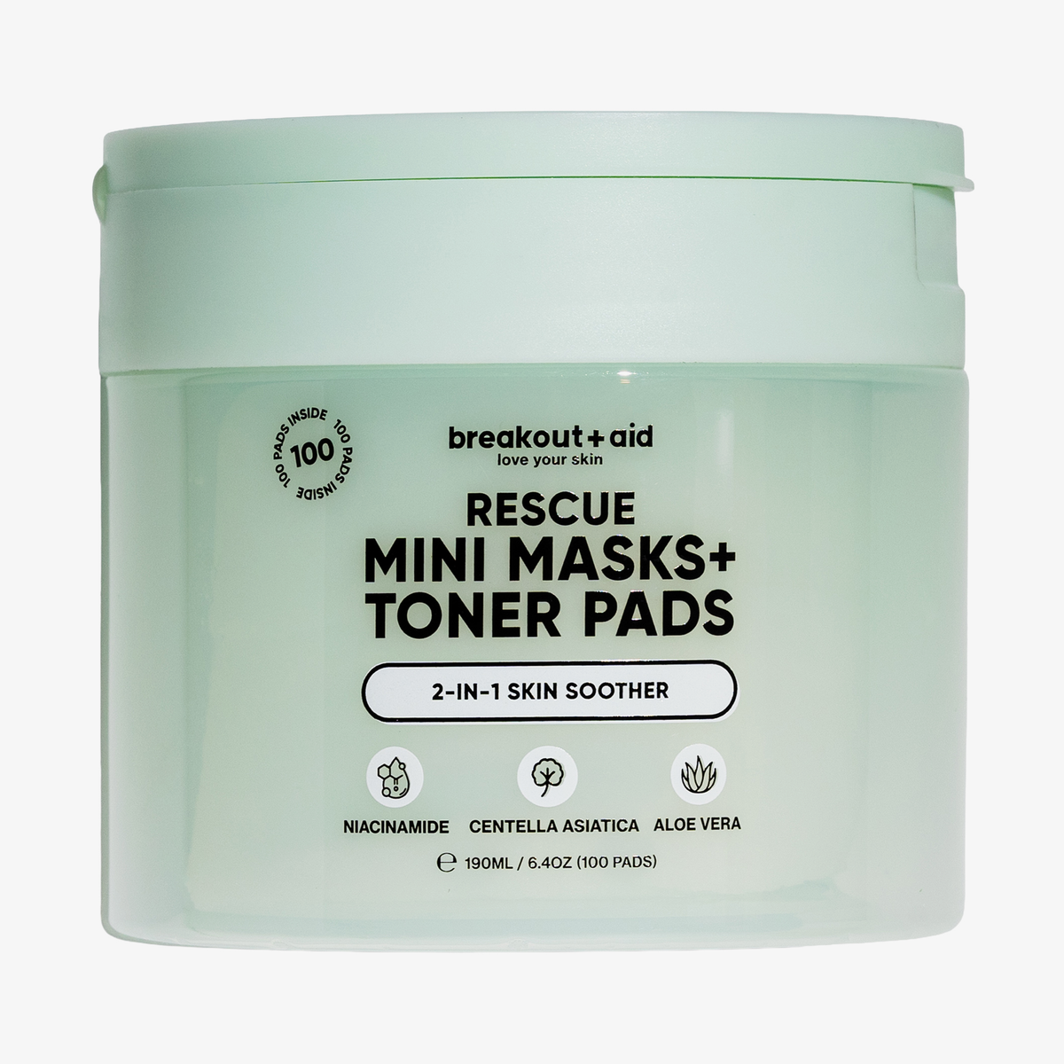 Hellgrünes Töpfchen mit breakout+aid Rescue Mini Masks + Toner Pads, beschriftet mit 100 Pads mit Niacinamid, Centella asiatica und Aloe Vera.