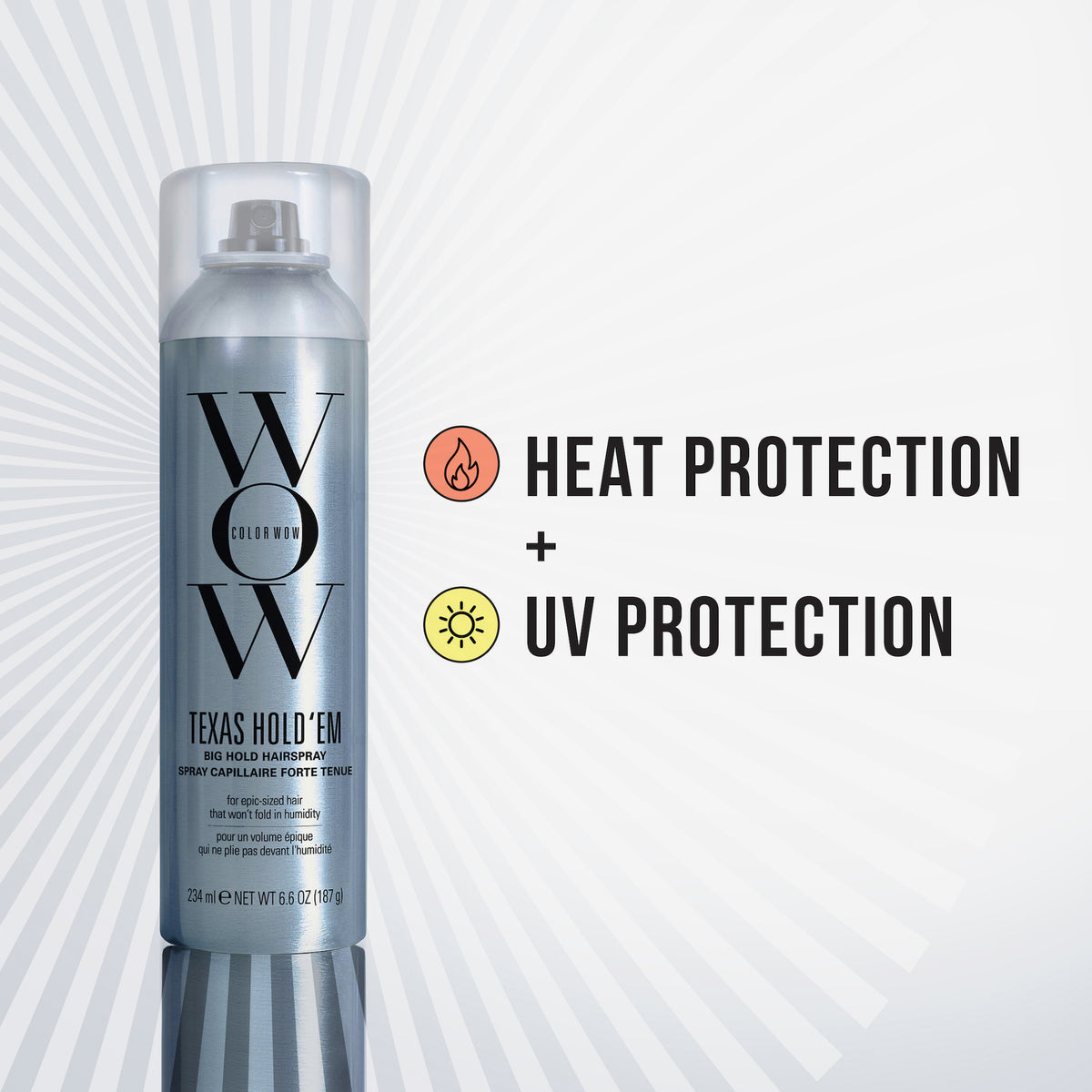 Eine Dose Color Wow Texas Hold 'em Big Hold Hairspray neben Symbolen für Hitze- und UV-Schutz.