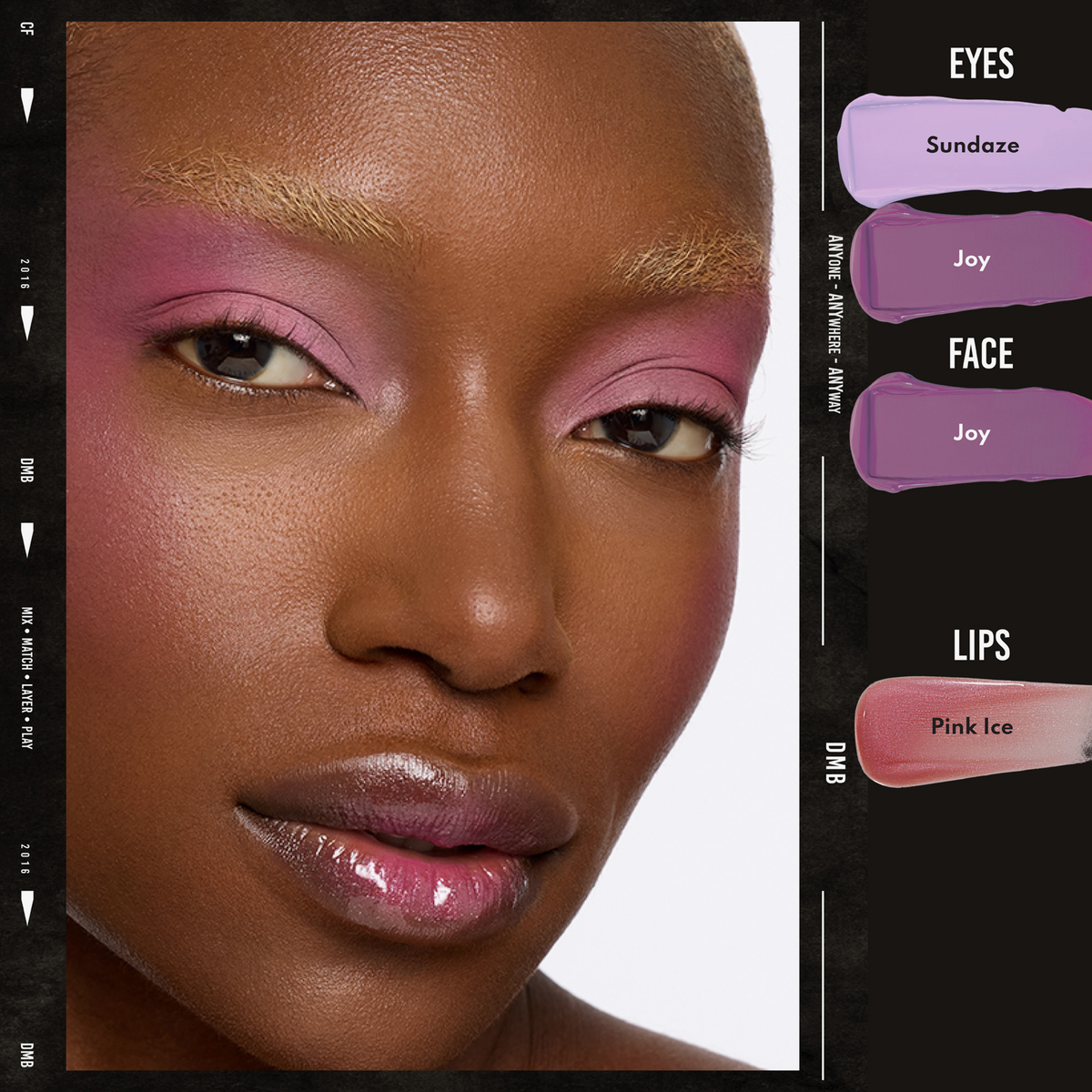 Eine Person, die Danessa Myricks Beauty Colorfix Glaze trägt, hat glänzende Lippen und rosafarbenes Augen-, Wangen- und Lippen-Make-up mit den abgebildeten Farbnamen.