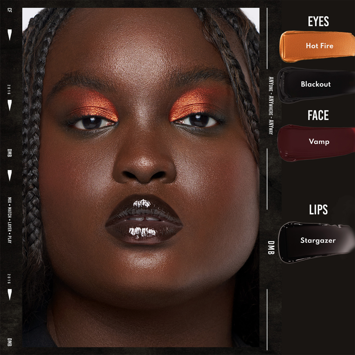 Gesicht eines Models mit metallischem Augen-Make-up; daneben Farbswatches der Danessa Myricks Colorfix Liquid Metals für Augen, Gesicht und Lippen.