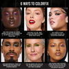 Collage mit sechs Make-up-Looks, die zeigen, wie Danessa Myricks Colorfix Liquid Metals als Lidschatten, Lippenfarbe, Highlight oder Liner genutzt wird.