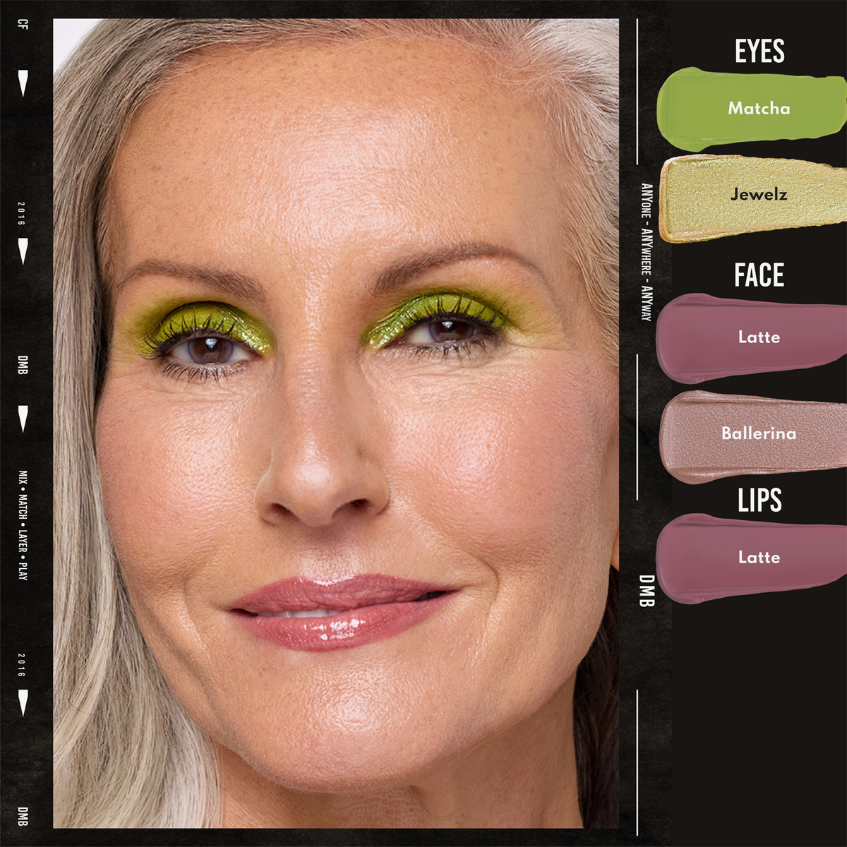 Lächelnde Frau mit Danessa Myricks Beauty Colorfix Mattes: grüner Lidschatten, natürliches Make-up, rosa Lippen. Die Namen der Farbtöne sind neben ihr angegeben.