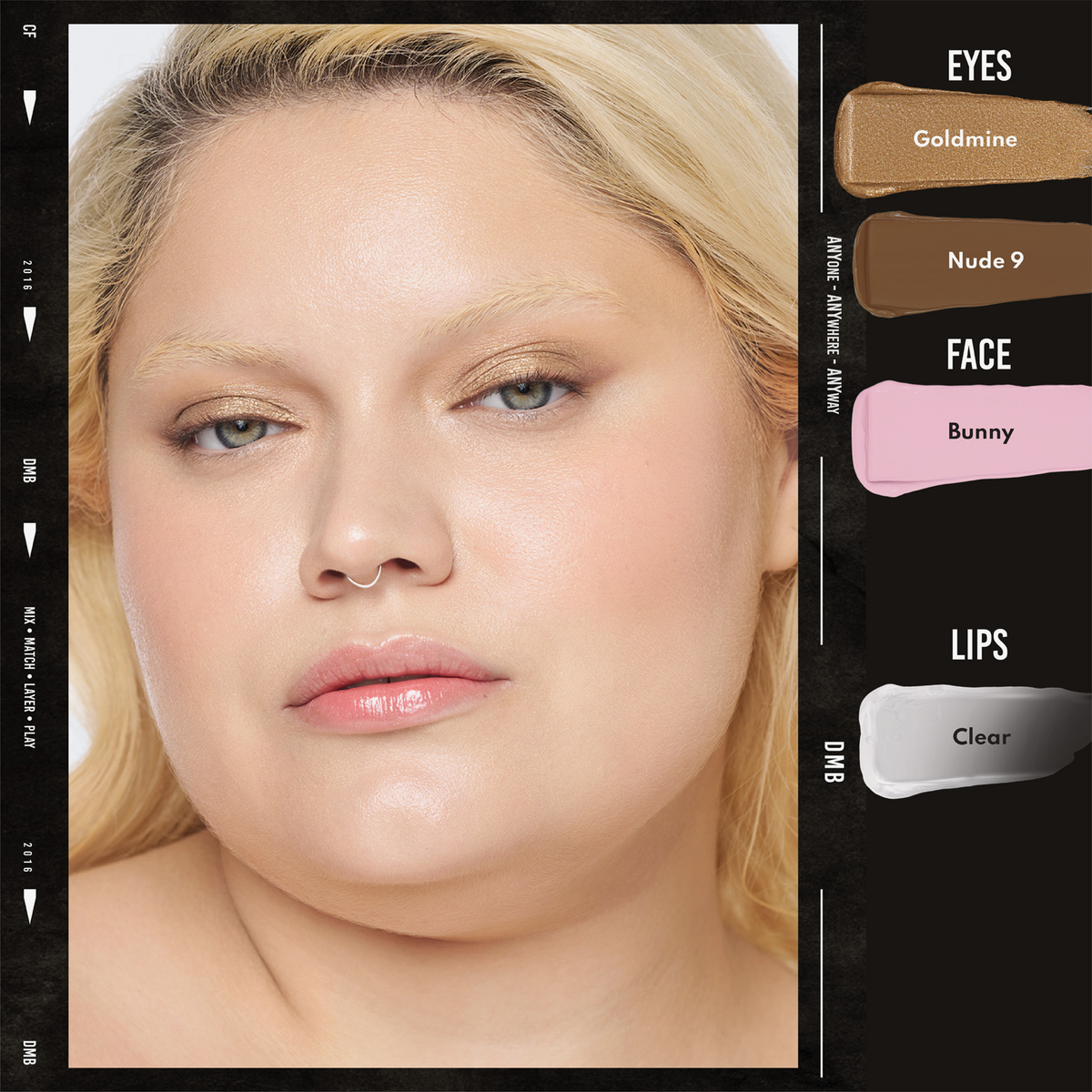 Eine blonde Frau mit natürlichem Make-up trägt Colorfix Pastels von Danessa Myricks Beauty; Augen-, Gesichts- und Lippentöne erscheinen auf der rechten Seite.
