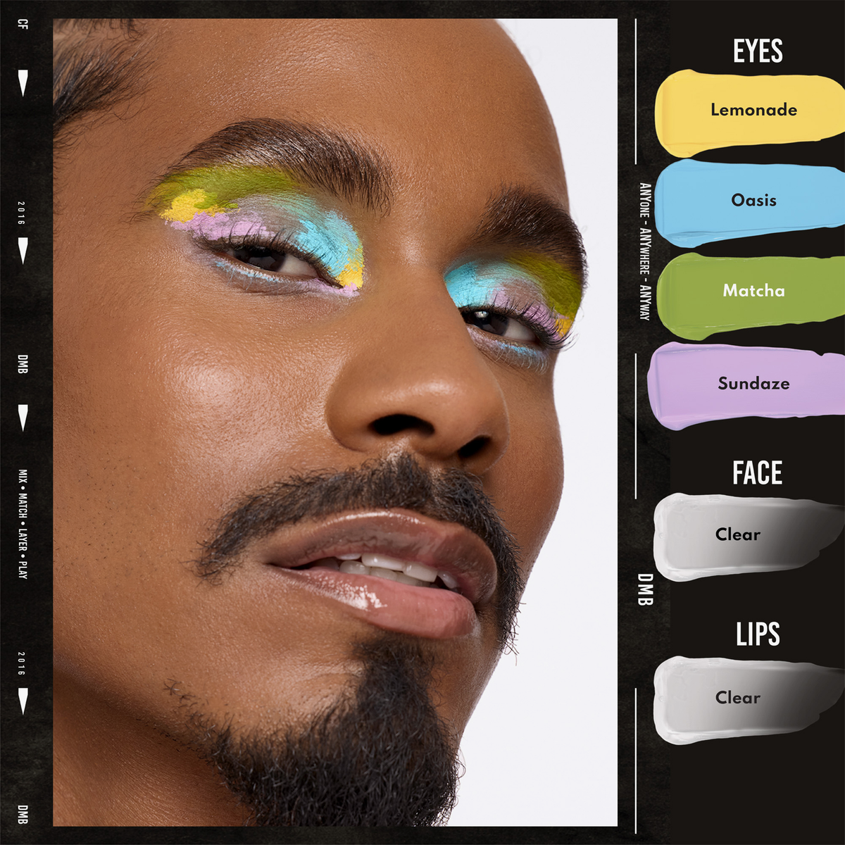 Nahaufnahme einer Person, die leuchtende Colorfix Pastels von Danessa Myricks Beauty auf den Augen und glänzenden Lippen trägt, wobei die Make-up-Töne rechts abgebildet sind.