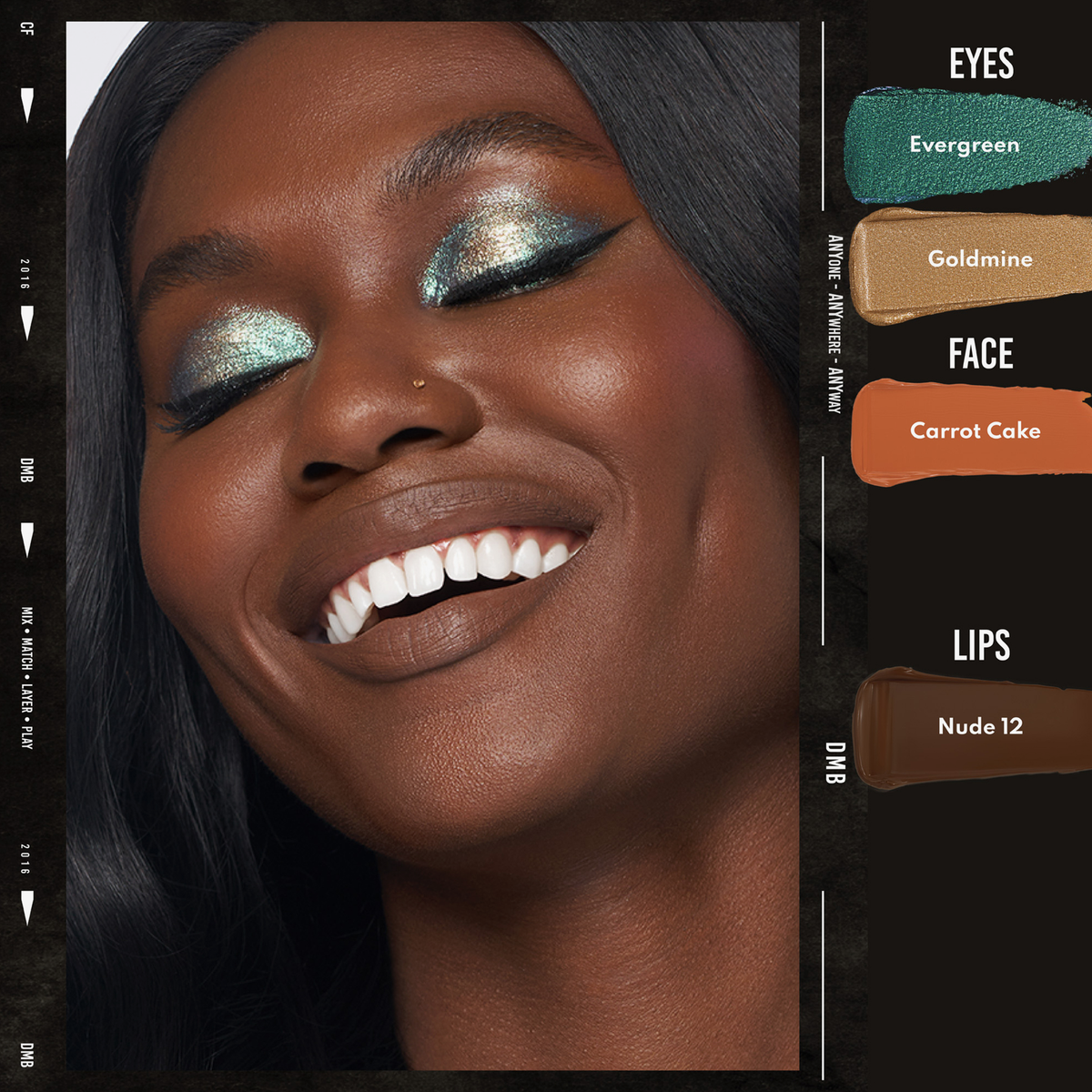 Eine lächelnde Frau trägt Danessa Myricks Beauty Colorfix Sparklers: grün schimmernder Lidschatten, strahlende Haut und nudefarbene Lippen.