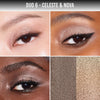 Duo 6: Celeste & Nova – drei Augen-Make-ups in Taupe- und Goldtönen, daneben Textur-Swatches der schimmernden Nuancen.