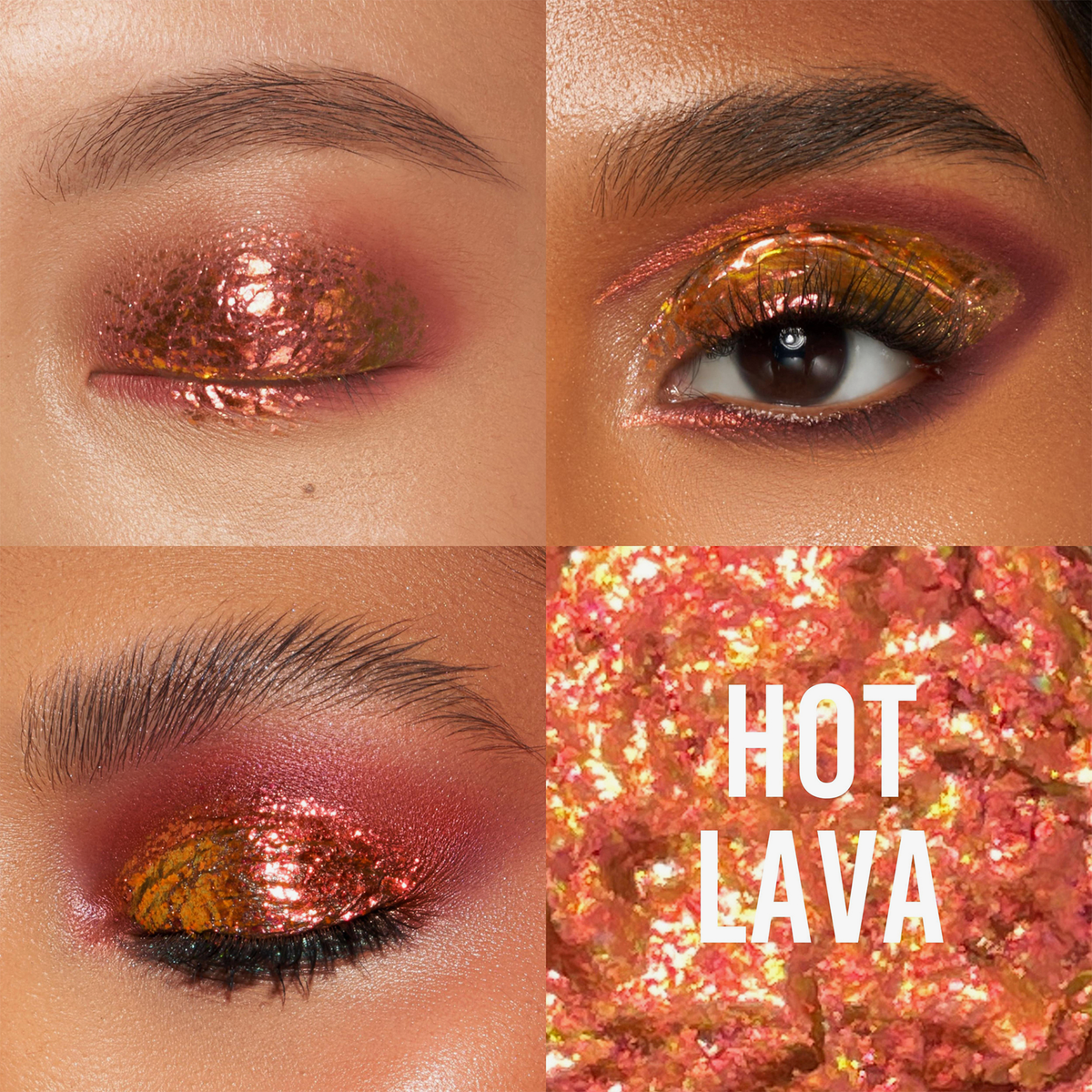 Collage mit Augen mit metallischem orange-goldenem Lidschatten unter Verwendung von Danessa Myricks Beauty Infinite Chrome Flakes Hot Lava.