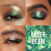 Drei Nahaufnahmen von Augen mit grün schimmerndem Glitzer-Augen-Make-up unter Verwendung von Danessa Myricks Beauty Infinite Chrome Flakes Laser Beam.