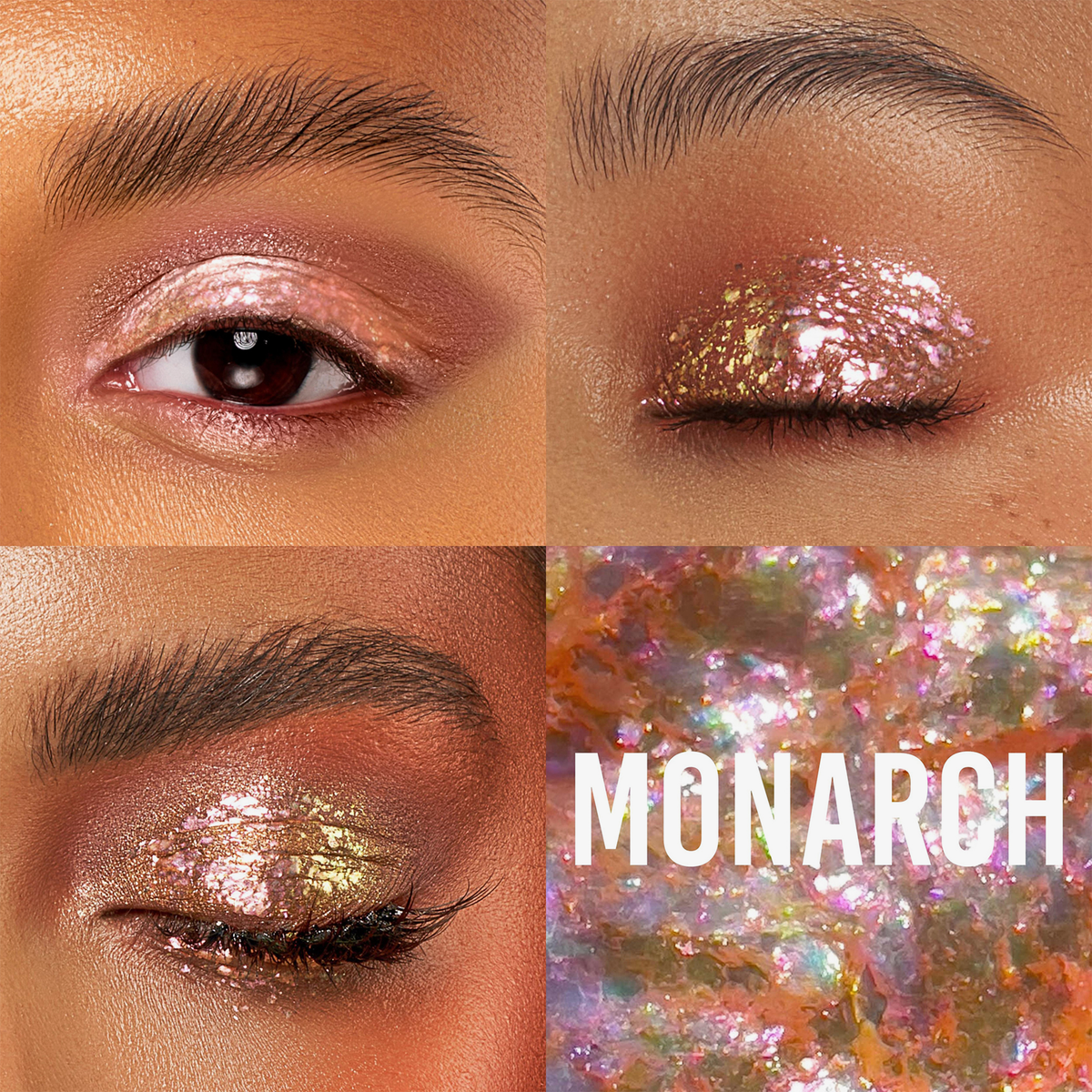 Drei Nahaufnahmen eines Augenlids mit Danessa Myricks Beauty Infinite Chrome Flakes Monarch in einem schimmernden Roségoldton.