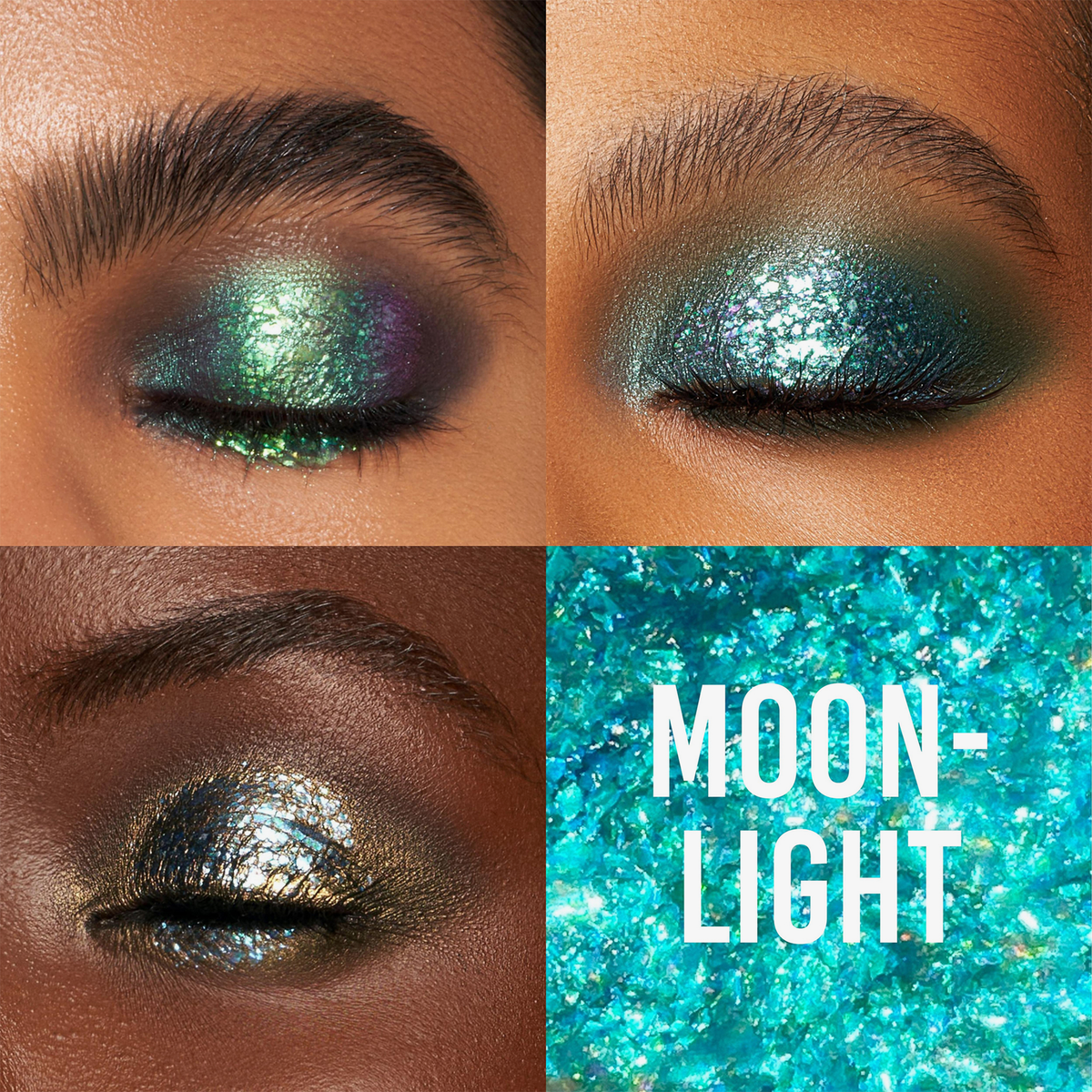 Drei geschlossene Augen schimmern mit Danessa Myricks Beauty Infinite Chrome Flakes Moonlight, dazu eine Nahaufnahme von blauem Glitter.