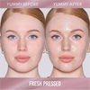 Das Gesicht einer Frau vor und nach dem Auftragen von Danessa Myricks Beauty Yummy Skin Glow Serum Fresh Pressed, das ein glänzendes, taufrisches Finish zeigt.